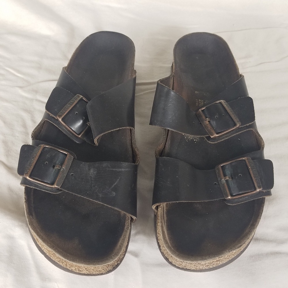Birkenstock Arizona Sandals Mens 42 Black‎ Good Leather Two Strap Cork Slides
